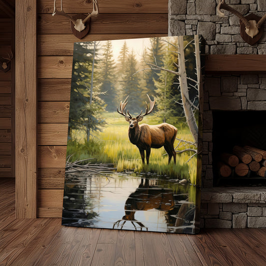 Joycorner Elk by Meadow Lake Sunlit Forest Reflection Canvas