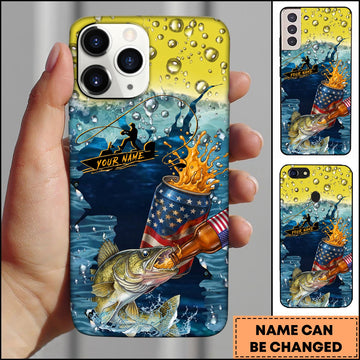 Joycorners Walleye Fishing Phone Case Beer Splash Fishing Graphic Personalized Name 3D Phone Case