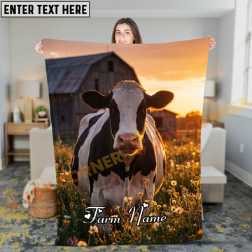Joycorners Holstein Cow In Golden Sunset Field With Red Barn Personalized Name Blanket