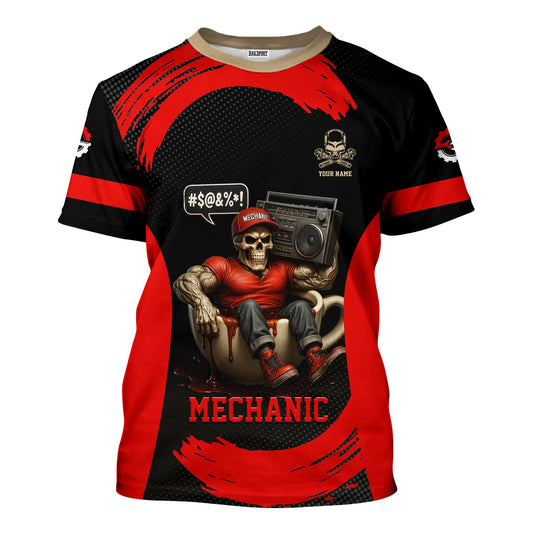 Joycorners Custom Name Mechanic T-Shirt, I Run On Caffeine Grease Loud Music & Cuss Words, Funny Skull Graphic Tee for Auto Repair, Garage, Car Lovers PT2609