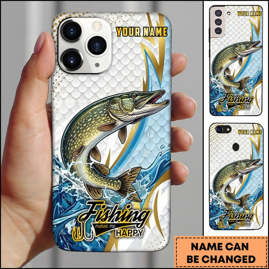 Joycorners Pike Fishing Phone Case Splash Water Gold Lightning Pattern Personalized Name Phone Case