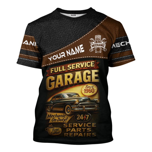 Joycorners Personalized Mechanic Shirt, Full Service Garage Mechanic On Duty, Leather Printed Design, Custom Year, Gift For Men PT2609