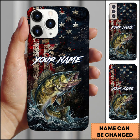 Joycorners Walleye Fishing Phone Case  Vintage USA Flag Grunge Wave Art Personalized Name Phone Case