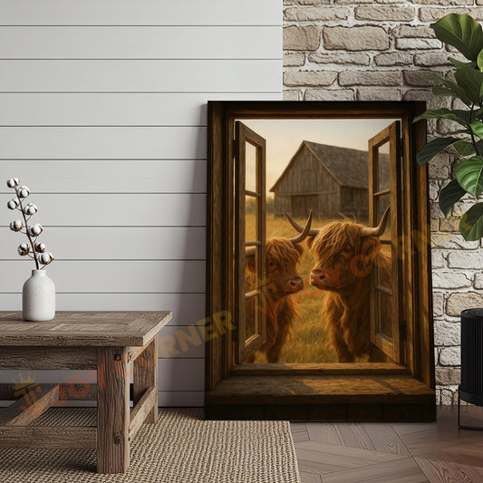 Joycorners Highland Cows at Open Barn Window Rustic Farm Country Wrapped Canvas Wall Art