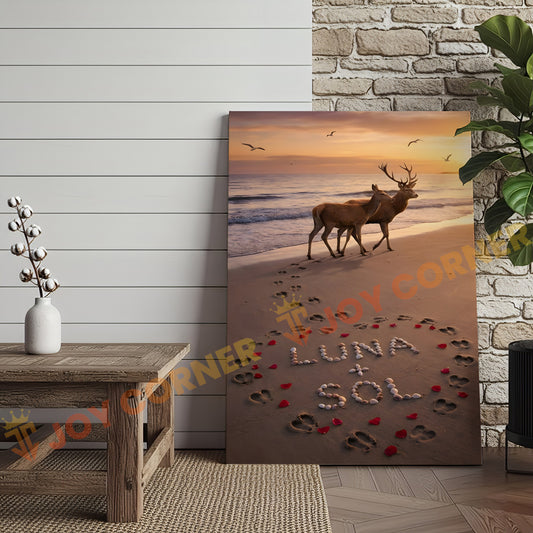 Joycorners Deer Couple Beach Sunset Love Footprints Personalized Name Canvas