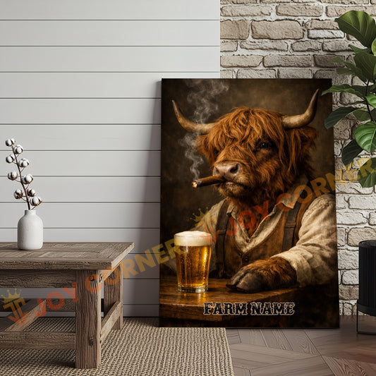 Joycorners Cattle Cow Farmhouse Highland Cow Drinking Beer Personalized Name Canvas