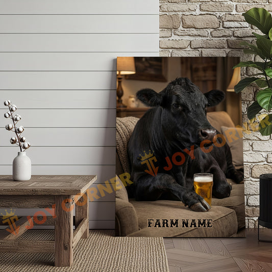 Joycorners Cattle Cow Cozy Farmhouse Black Angus Cow Relaxing On Sofa Personalized Name Canvas