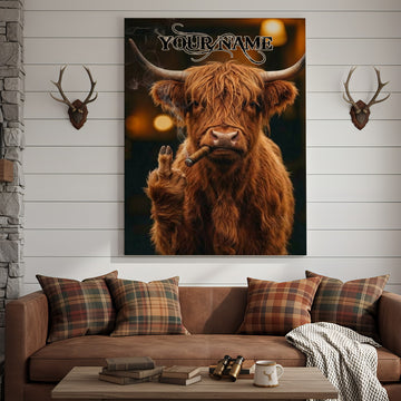 Joycorner Highland Smoking Cow Flipping Finger Attitude Wall Art Custom Name Rustic Canvas