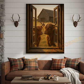 Joycorners Highland Cows at Open Barn Window Rustic Farm Country Wrapped Canvas Wall Art