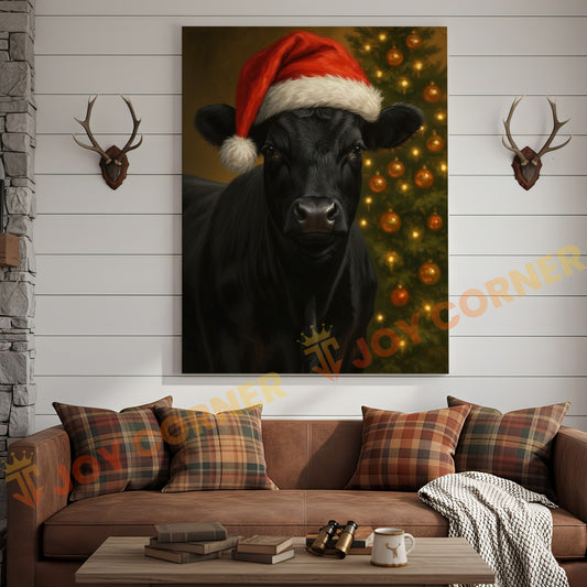 Joycorner Black Angus Cow Santa Hat Christmas Tree 3D Wrapped Canvas