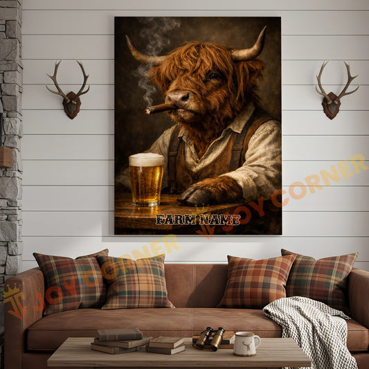 Joycorners Cattle Cow Farmhouse Highland Cow Drinking Beer Personalized Name Canvas