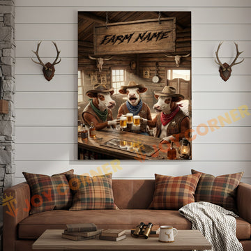 Joycorner Hereford Cow Trio Western Saloon Beer Cheers Rustic Bar Sign Customized Farm Name Canvas