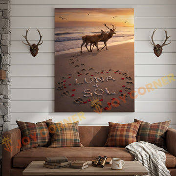 Joycorners Deer Couple Beach Sunset Love Footprints Personalized Name Canvas