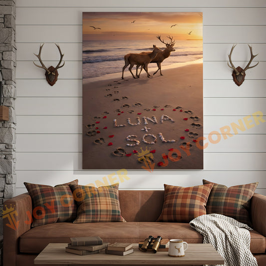 Joycorners Deer Couple Beach Sunset Love Footprints Personalized Name Canvas