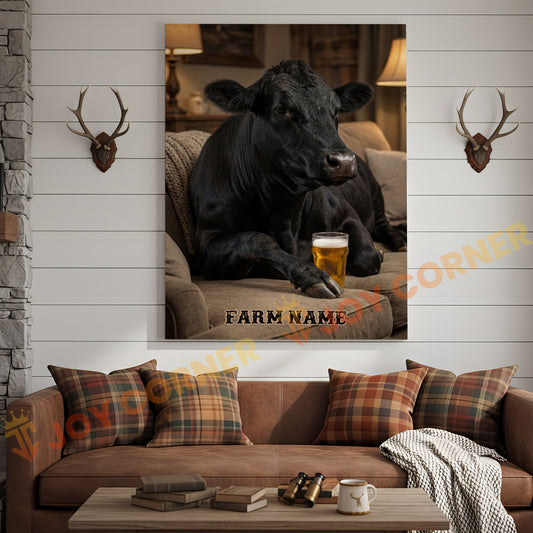 Joycorners Cattle Cow Cozy Farmhouse Black Angus Cow Relaxing On Sofa Personalized Name Canvas
