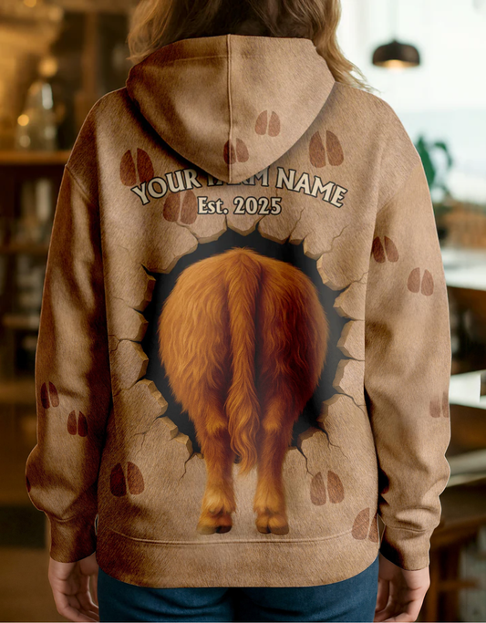 Joycorners Highland Cute Breakthrough Cow Personalized Name, Farm Name Unisex 3D Hoodie
