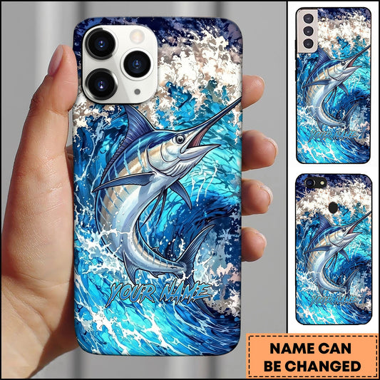 Joycorners Marlin Jumping Out Of Ocean Wave Blue Splash Art Personalized Name Phone Case