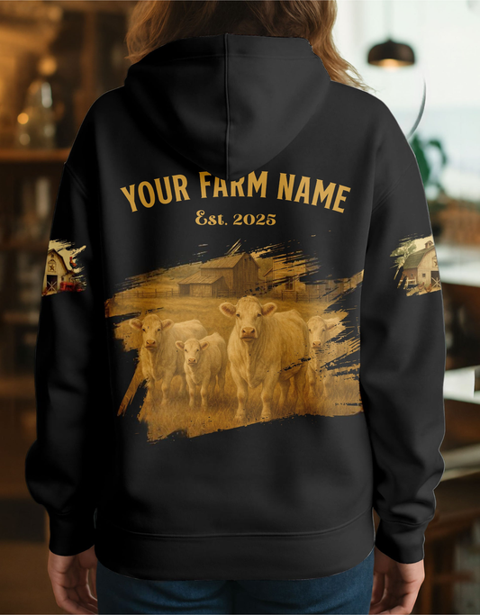 Joycorners Charolais Farm Life Black Cattle Personalized Name, Farm Name Unisex 3D Hoodie