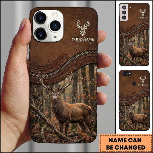 Joycorners Artist Hunting Deer Zipper Leather Dark Brown Autumn Forest Personalized Name Phone Case