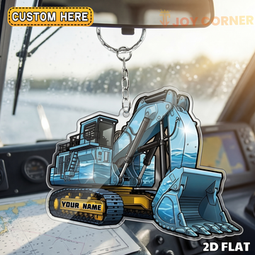 Joycorners Excavator 2D Keychain Blue Construction Equipment Winter Scene Personalized Name