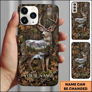 Joycorners Hunting Deer Mountain Wilderness Double Exposure Forest Landscape Personalized Name Phone Case