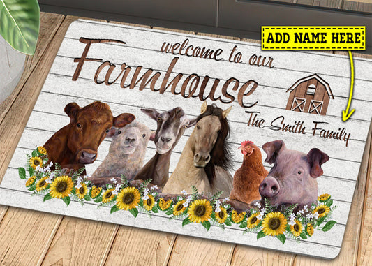 Joycorners Personalized Farm Animals Doormat, Welcome To Our Farmhouse Gift For Farmers, New Home Gift, Housewarming Gift, Farm Decor LM0210
