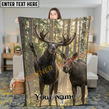 Joycorners Funny Moose Family Waving Selfie in Forest Personalized 3D Blanket