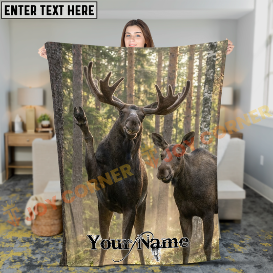 Joycorners Funny Moose Family Waving Selfie in Forest Personalized 3D Blanket
