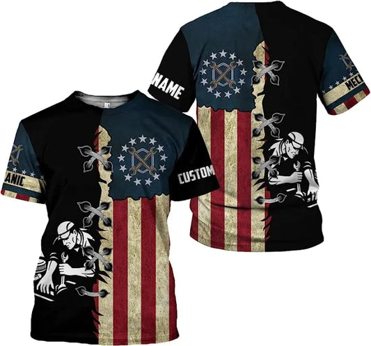 Joycorners Custom Mechanic T-Shirt USA Flag Personalized, Mechanic Apparel for Men, Custom Name Shirt for Mechanic Lovers, Patriotic Gift for Mechanics PT2609