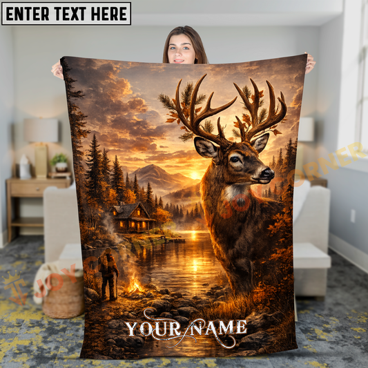 Joycorners Rustic Deer Lake Cabin Sunset Landscape Personalized 3D Blanket