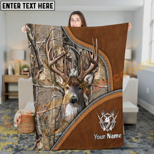 Joycorners Rustic Leather Whitetail Deer Hunting Camo Personalized 3D Blanket