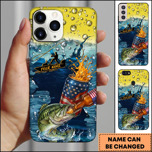 Joycorners Bass Fishing Phone Case Beer Splash Fishing Graphic Personalized Name 3D Phone Case