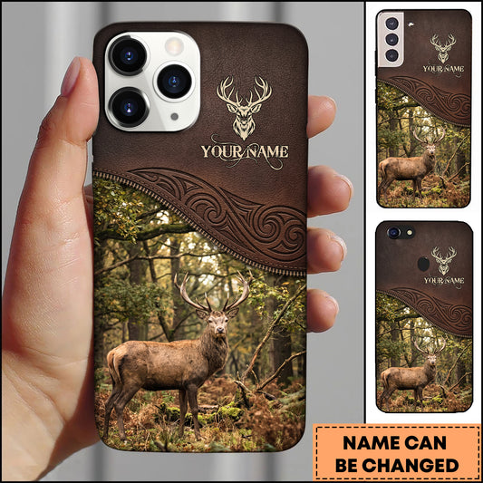 Joycorners Artist Hunting Deer Zipper Leather Dark Brown Sunlit Forest Personalized Name Phone Case