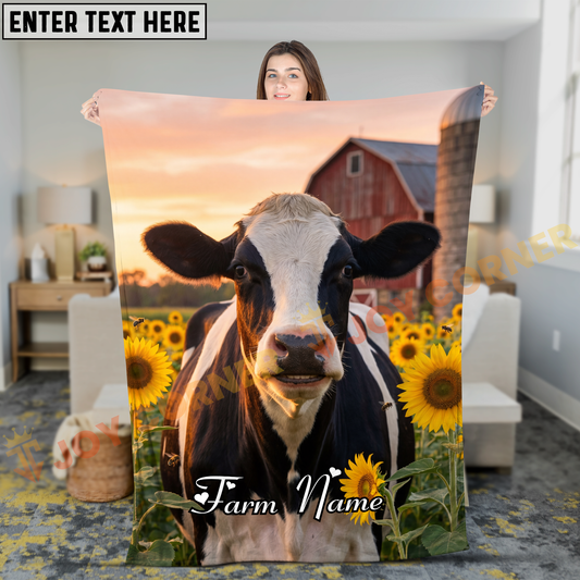 Joycorners Holstein Cow In Sunflower Field At Sunset Farm Personalized Name Blanket