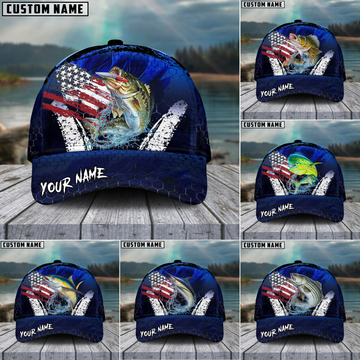 Joycorners Fishing Dark Blue Scratch American Flag Pattern Sport Pattern Personalized Name 3D Cap (11 Breeds)