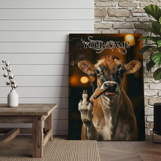 Joycorner Jersey Smoking Cow Flipping Finger Attitude Wall Art Custom Name Rustic Canvas