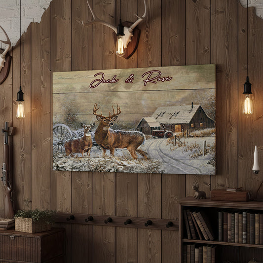 Joycorner Deer Couple Snowy Farm Barn Winter Personalized Canvas