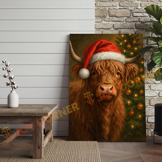 Joycorner Highland Cow Santa Hat Christmas Tree 3D Wrapped Canvas