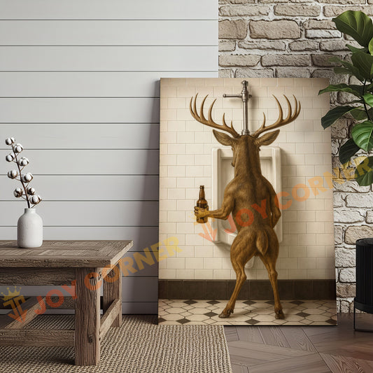 Joycorner Funny Deer Drinking Beer Restroom – 3D Wrapped Canvas