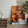 Joycorners Cattle Cow Funny Highland Cow Drinking Coffee In Diner Personalized Name Canvas