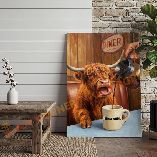 Joycorners Cattle Cow Funny Highland Cow Drinking Coffee In Diner Personalized Name Canvas