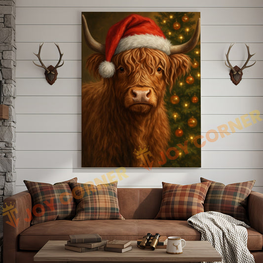 Joycorner Highland Cow Santa Hat Christmas Tree 3D Wrapped Canvas
