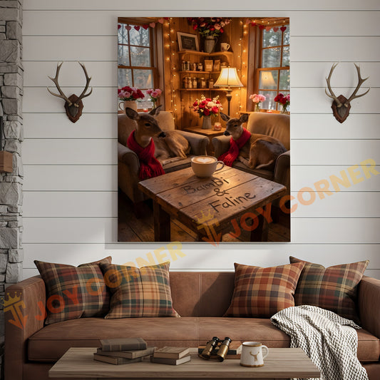 Joycorners Cozy Deer Couple Cabin Coffee Scene Personalized Name Canvas