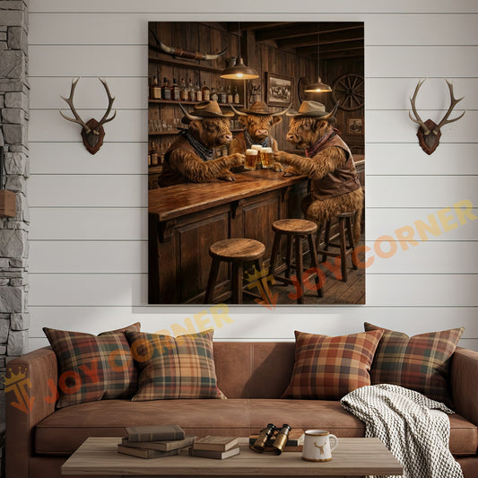 Joycorner Highland Cow Western Bar Counter Beer Toast Rustic Canvas