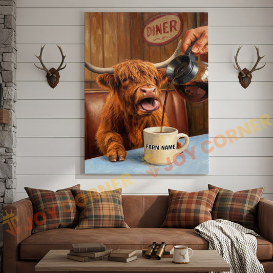 Joycorners Cattle Cow Funny Highland Cow Drinking Coffee In Diner Personalized Name Canvas