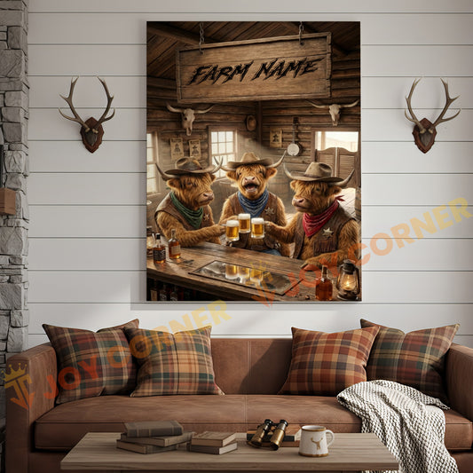 Joycorner Highland Cow Trio Western Saloon Beer Cheers Rustic Bar Sign Customized Farm Name Canvas