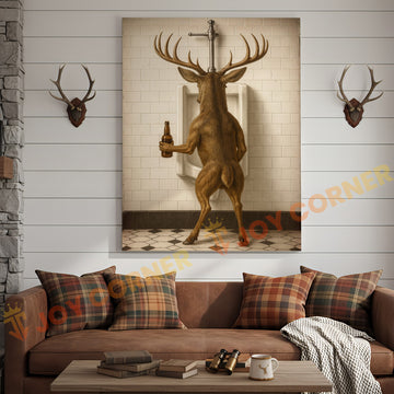 Joycorner Funny Deer Drinking Beer Restroom – 3D Wrapped Canvas