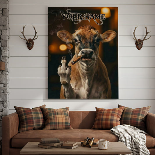 Joycorner Jersey Smoking Cow Flipping Finger Attitude Wall Art Custom Name Rustic Canvas