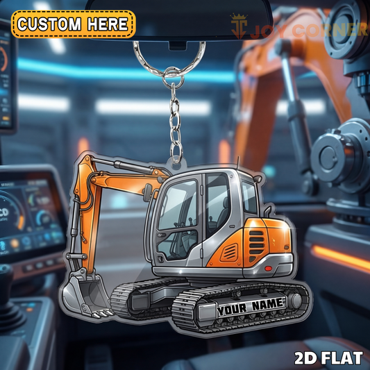 Joycorners Compact Excavator 2D Keychain Orange Mini Digger Side Profile Personalized Name