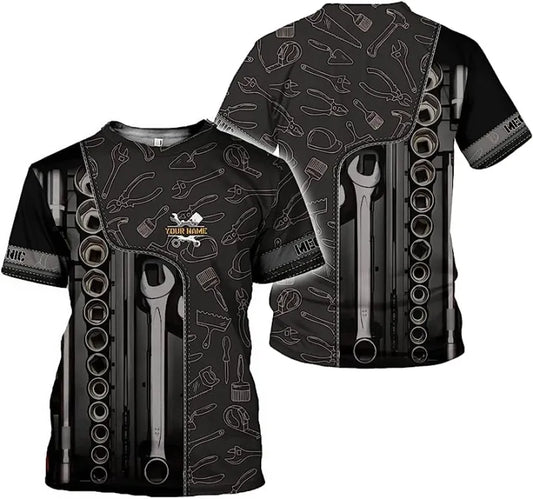 Joycorners Personalized Mechanic Tool Graphic Shirt with Custom Name Wrench and Socket 3D Work T Shirt Gift for Men PT2609